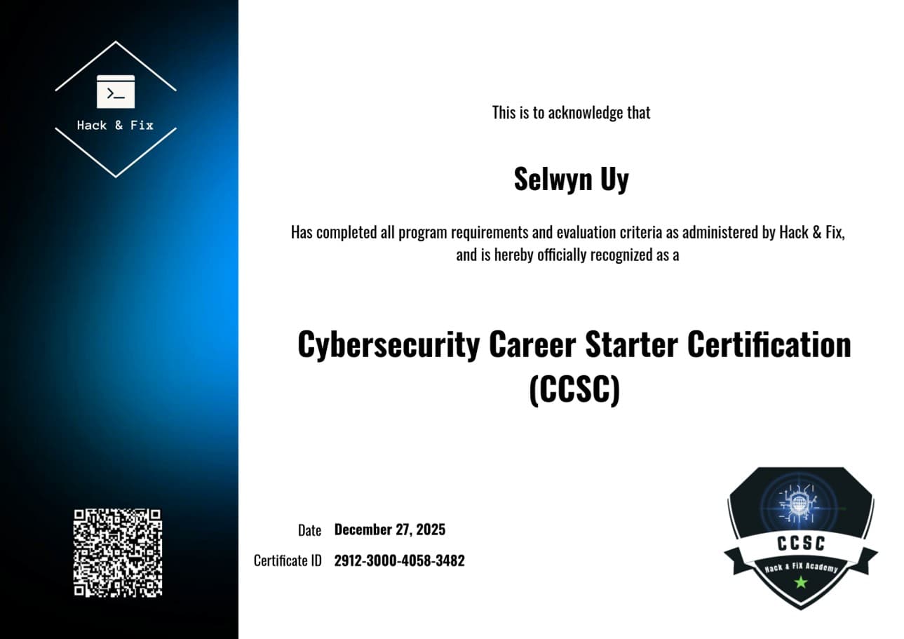 Cybersecurity Career Starter Certification (CCSC) certificate